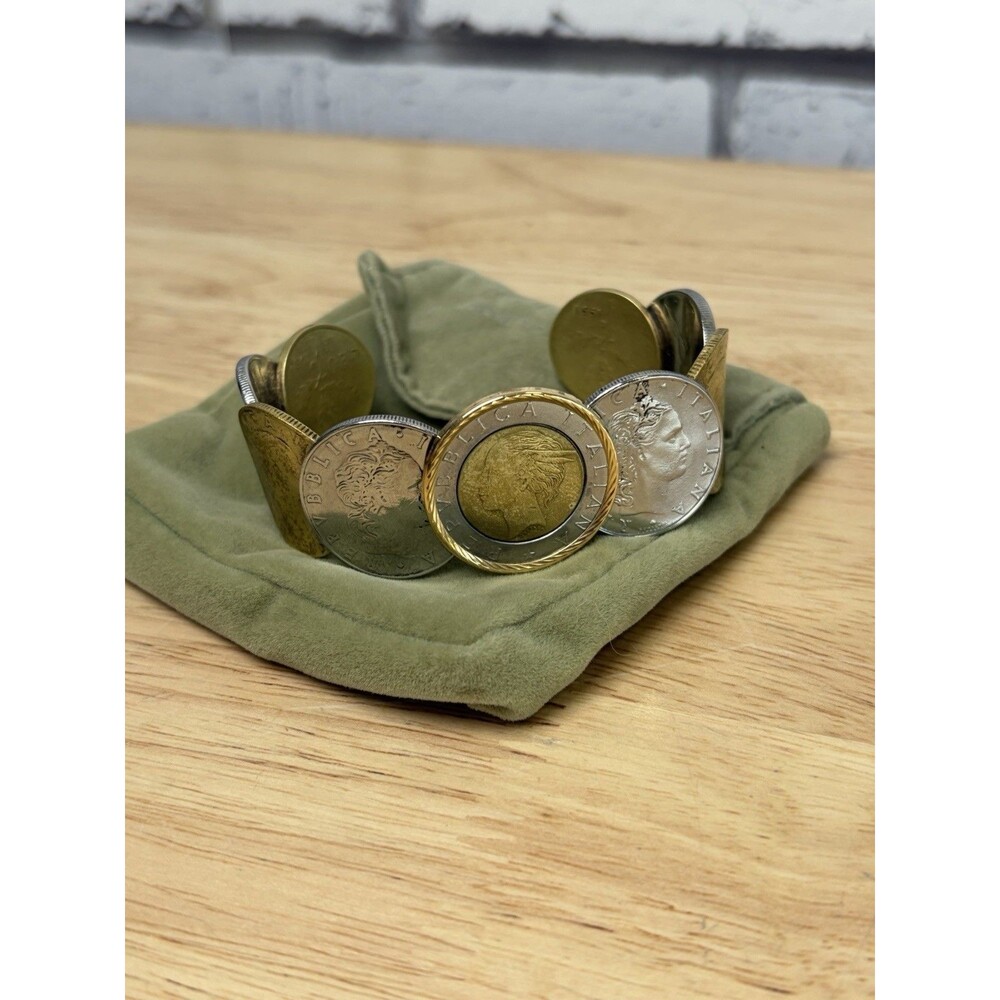 MILOR 14KT GOLD STERLING ITALIAN LIRA COIN CUFF BRACELET